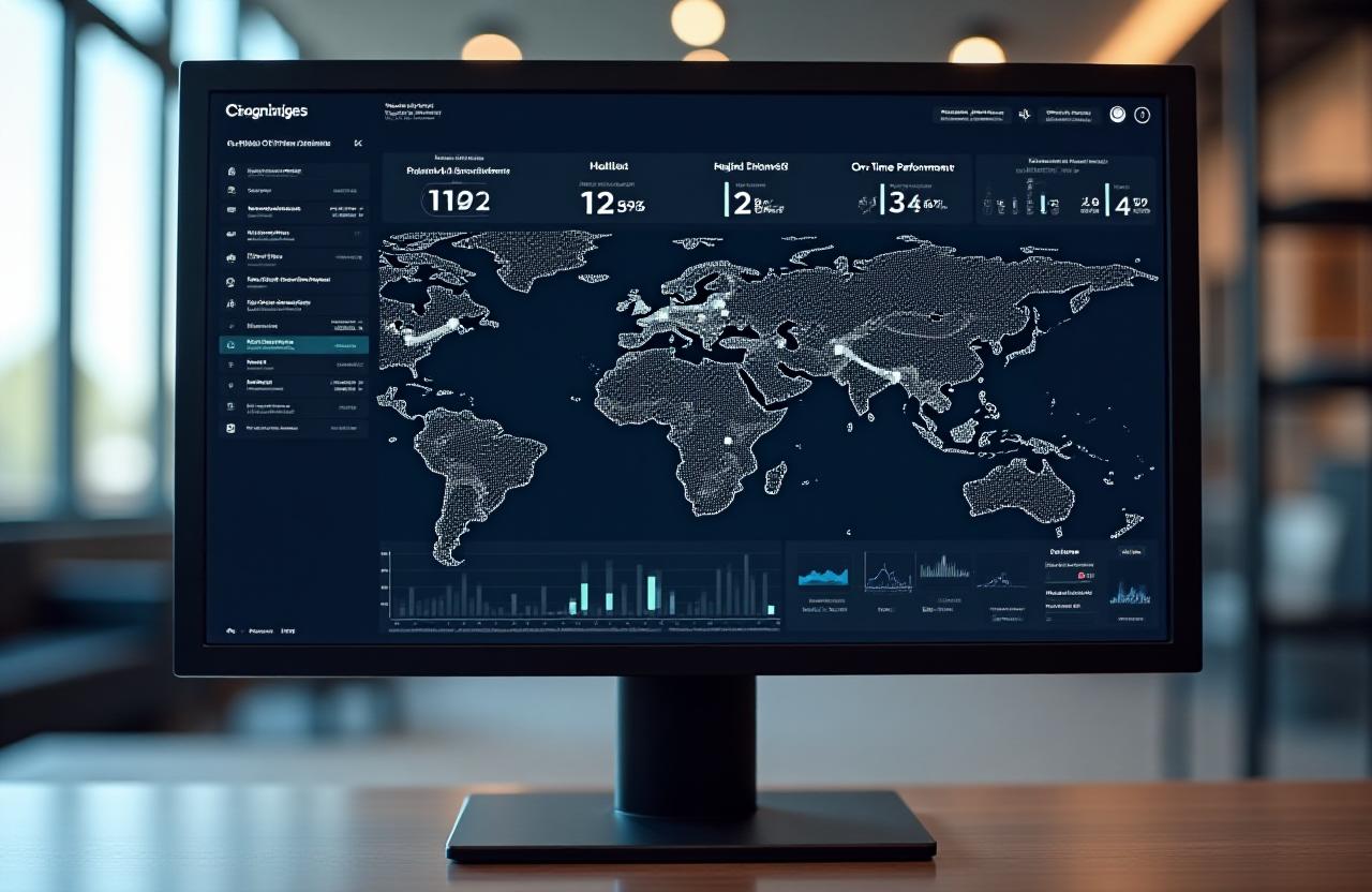 Modern logistics software dashboard featuring map, analytics charts, and shipment status