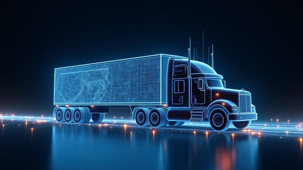 Futuristic AI logistics data visualization showing neural networks and truck fleet monitoring
