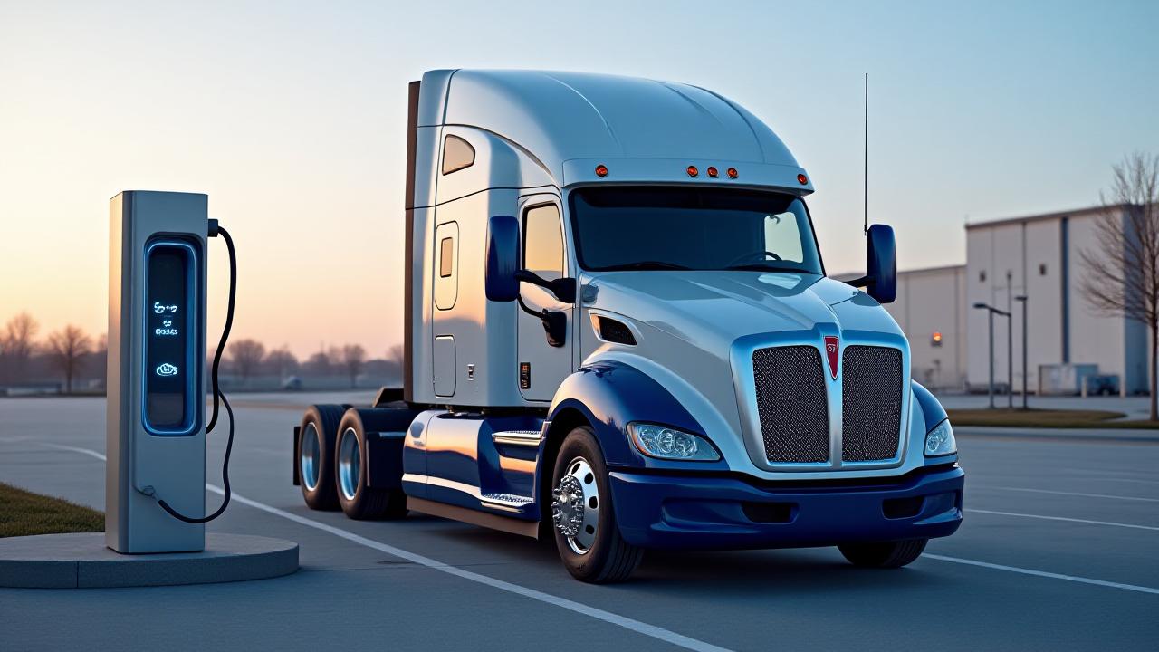 Sleek electric Class 8 truck at a Baltimore charging station