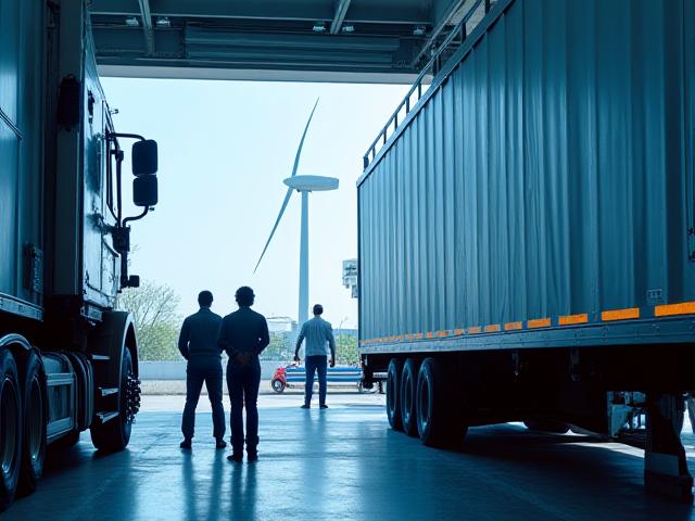 Industrial wind turbine components being staged for transport