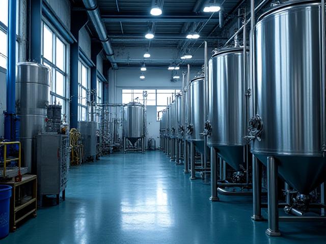 Large steel tanks and industrial manufacturing equipment in a warehouse