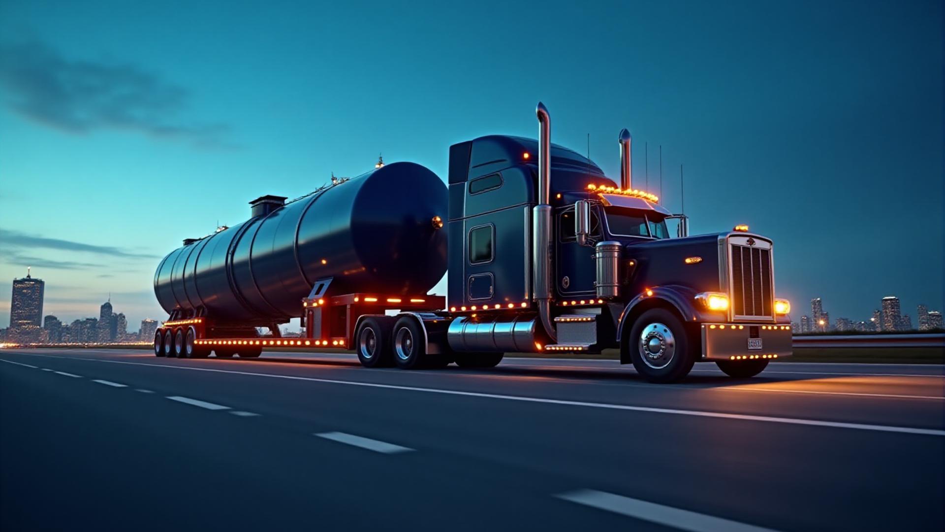 Specialized heavy haul truck transporting a massive industrial component at twilight