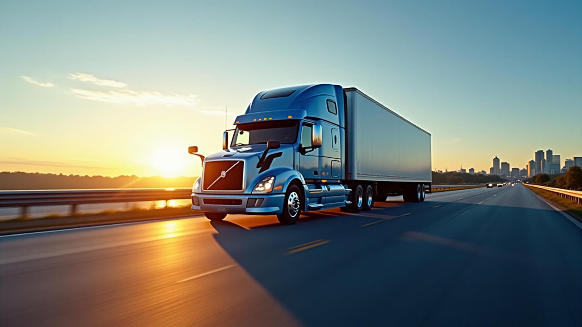 Modern 53-foot dry van truck navigating an East Coast highway at sunset